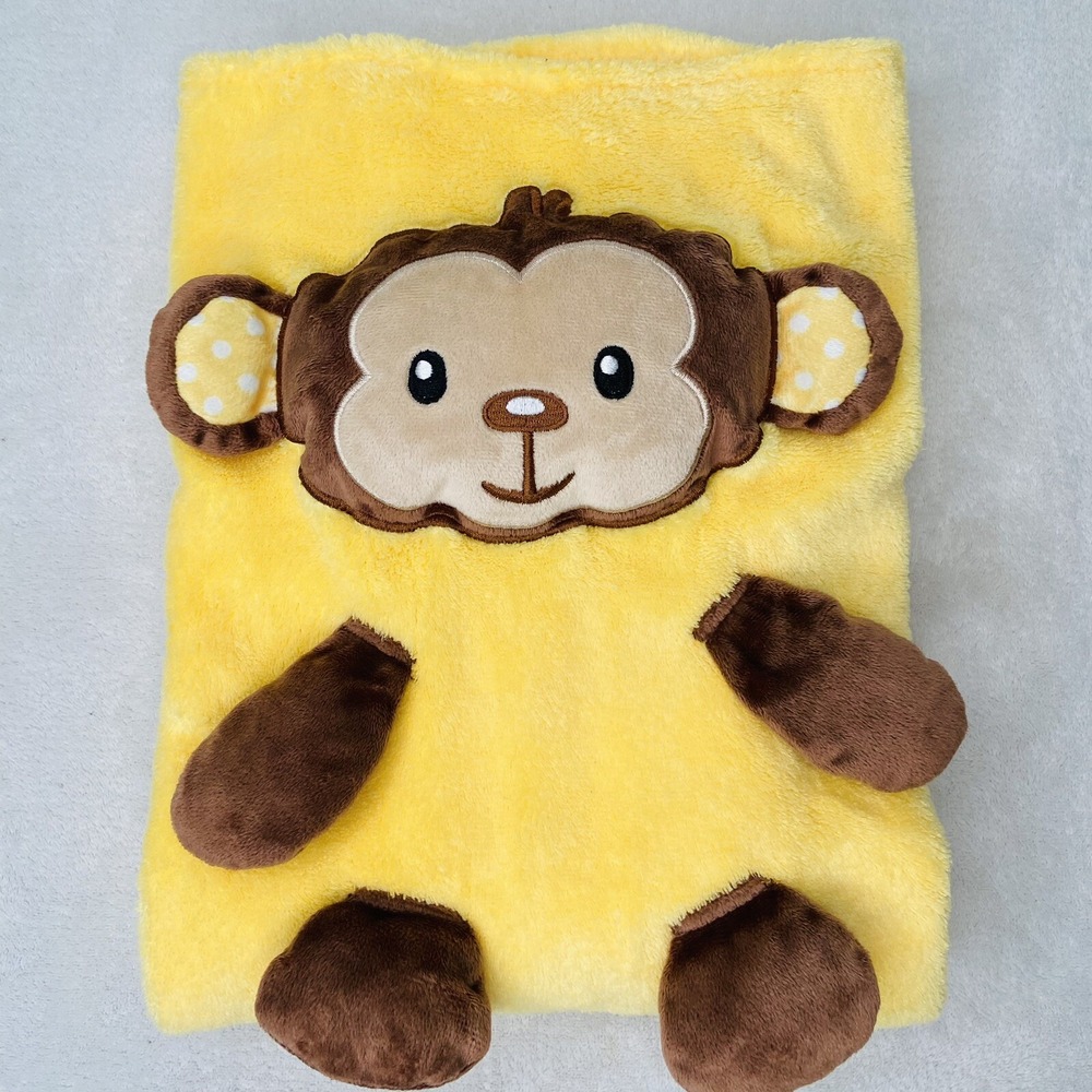 Baby Boom Brown Monkey Plush Stuffed Crinkle Squeak Yellow Blanket Lovey 30"x40"